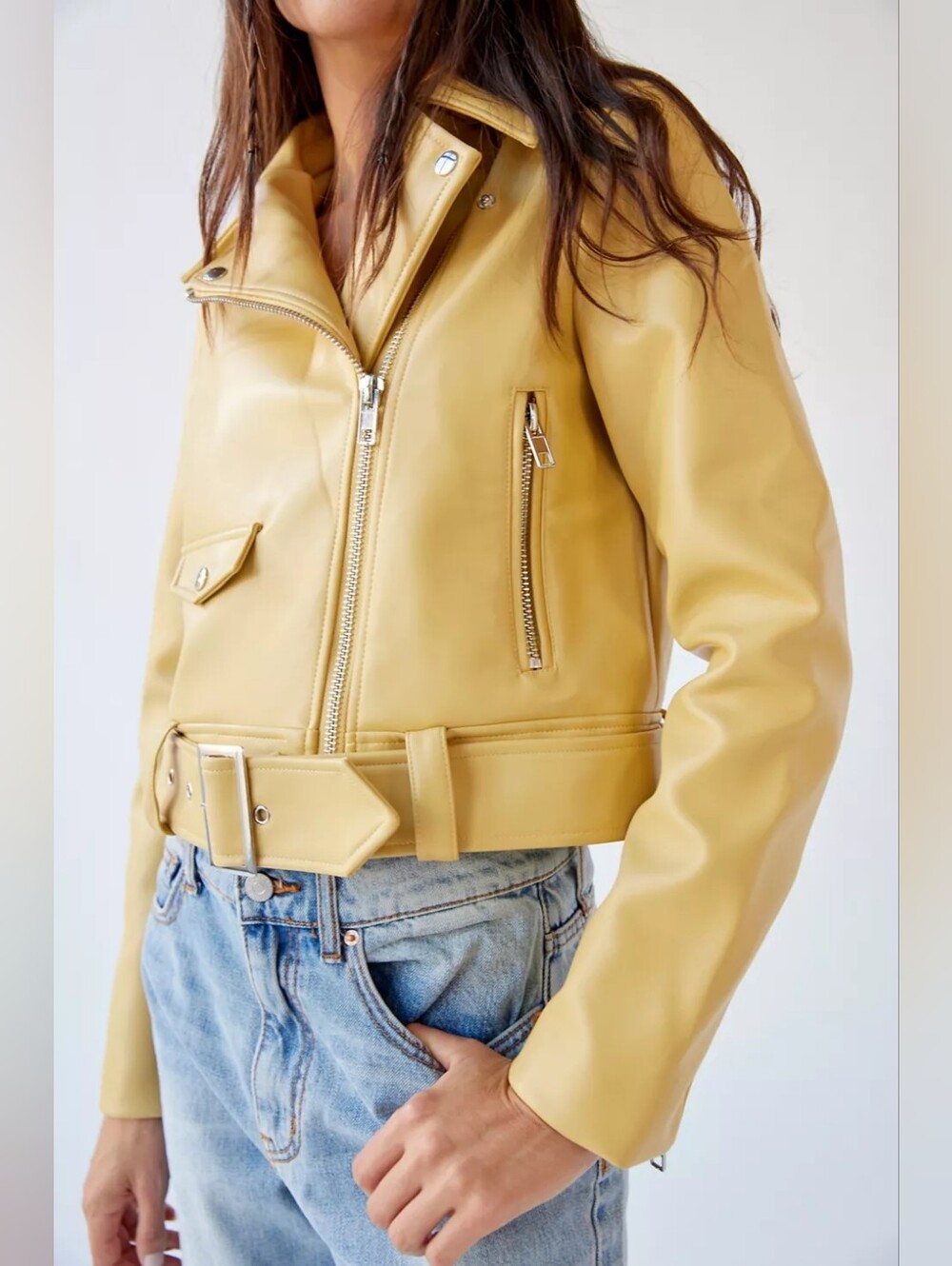 Urban Outfitters Celeste Faux Leather Moto Jacket Light Yellow, Size Medium